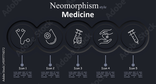 Medicine set icon. Stethoscope, drop with cross, syringe with bag, hands with heart, single syringe suggest diagnostics, fluid therapy, injection, compassionate care, and immunization