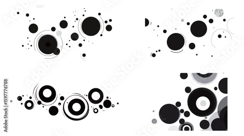 Abstract vector illustration of black circles orbiting themselves in dynamic circular motion, representing gravity, energy flow, and minimal cosmic balance, perfect for modern graphic design, science 