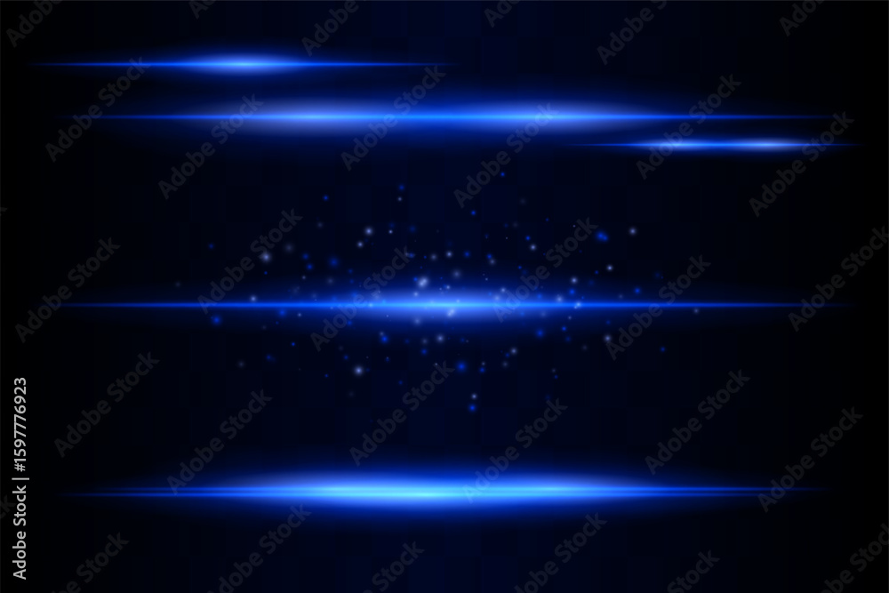 Shining set. Bright glowing beams combined with floating light particles. Central cluster highlights energy dispersion and soft motion on transparent background.