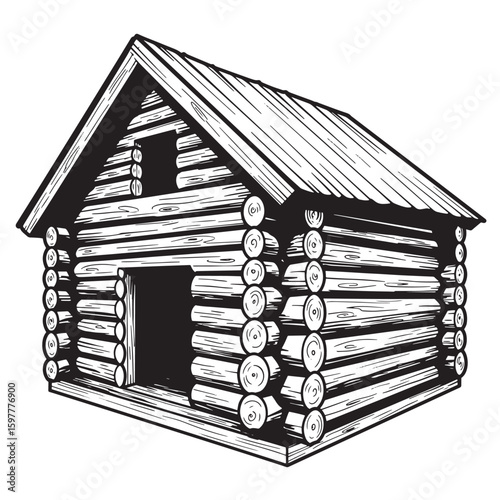 Hand drawn illustration of a rustic log cabin isolated on a white background depicting wilderness and homesteading