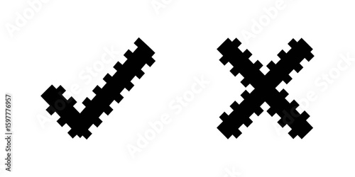 Jagged check and cross mark icon set with sawtooth edge for creative design element symbol of choice validation rejection vector graphic