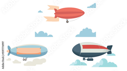 Vector illustration of a blimp flying in the sky with a trailing banner, customizable space for personal or promotional text, clear blue background with soft clouds, ideal for advertising