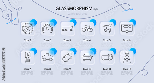 Transport and travel set icon. Includes car, airplane, train, bike, bus, camper, map pin, road, steering, and dashboard elements in modern line glass UI style