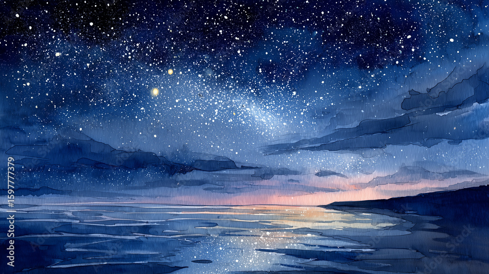 Naklejka premium 夜空と海の水彩イラスト