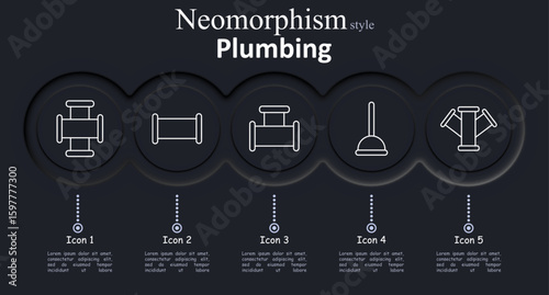 Plumbing set icon. Straight, T, and Y-shaped pipe connectors, plunger emphasize components used in water systems, joining sections, and clearing clogs in plumbing structure