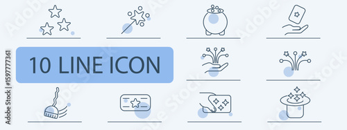 Magic and fantasy set icon. Stars, wand, spark hand, potion pot, playing cards, magical hat, ticket, sparkle trail, stage glow drawn in simple outline and rounded decor