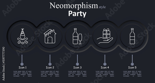 Party set icon. Party hat, decorated house, wine bottle with glass, hand holding gift, single bottle depict celebration, drinks, events, presents, and festive mood indoors
