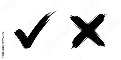 Hand drawn check and cross mark with sketchy thin brush stroke style for doodle design element symbol of validation choice vector graphic set