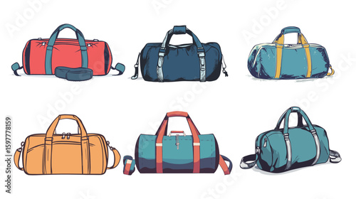 Hand-drawn vector graphic of a fitness duffle bag, featuring detailed sketch style with handles and zipper, perfect for gym, sports, travel, workout gear, and active lifestyle design concepts