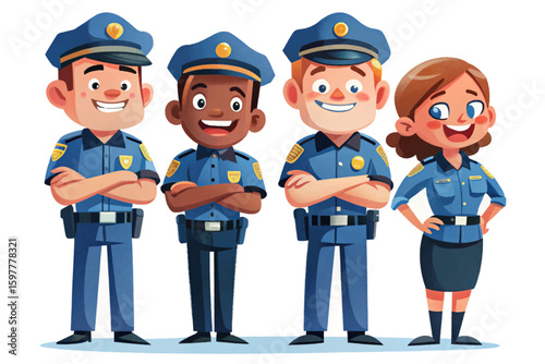 set of police officers standing confidently with arms crossed and smiling cartoon vector. Law enforcement characters, security service, uniformed personnel, isolated on white background