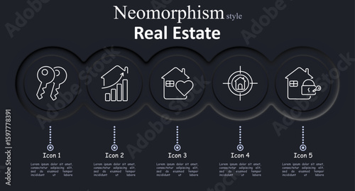 Real estate set icon. Key pair, house with chart, home with heart, target with home, house with lock in circle-based outlined neomorphic interface style.