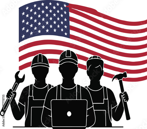 Labor Day tribute with silhouettes of workers and the American flag