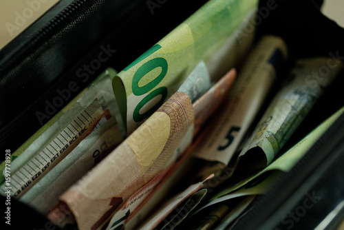 Close-up of euro bills neat...