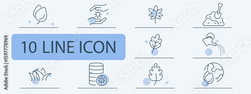 Environment set icon. Line icons showing leaf, hands with sun, maple leaf, soil with shovel, plant watering, grass, seed packet, oak leaf, earth with leaf