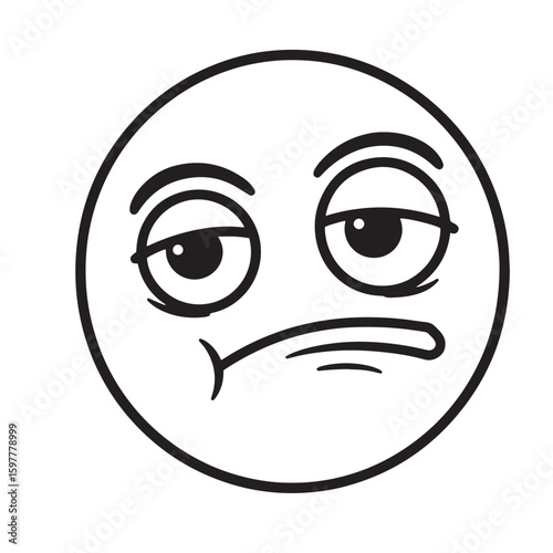 Tired and bored emoji depicting weariness and disinterest in a black and white vector illustration