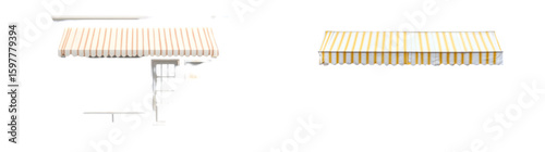 A charming, vibrant yellow storefront with a white-striped awning and neatly displayed products in the windows. isolated