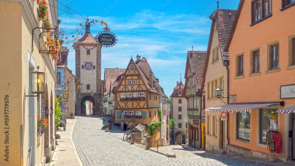 Fototapeta premium Medieval architecture and cobblestone street in Rothenburg