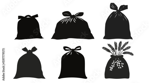 Solid black silhouette of a grain bag filled with produce on a white background, symbolizing agriculture, harvest, storage, farming, and rural economy concepts in a simple and bold vector style