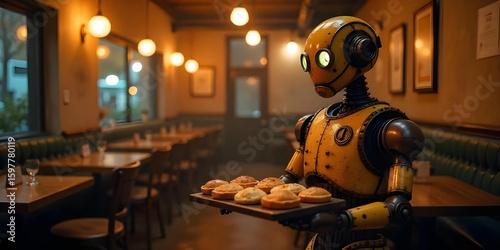Humanoid robot working in hotel as waiter cooking