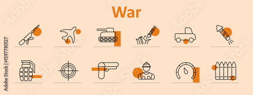 War set icon. Gun, grenade, tank, missile, barbed wire, soldier, target, bullet, helmet, speedometer, fence, plane, vehicle, warfare tools and equipment displayed clearly