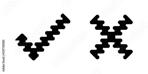 Black check and cross mark with wavy zig zag line pattern for creative icon design element symbol of choice validation rejection vector set