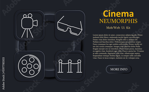 Cinema set icon. Movie camera, 3D glasses, film reel, rope barrier in neumorphic outline style for entertainment, theater, film UI visuals or ticketing systems