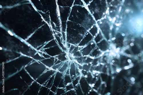 Shattered safety glass showing cracks like spider web on dark background