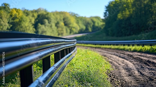 Highway with metal crash barriers surrounded by lush green forest under a clear blue sky on a bright day. 