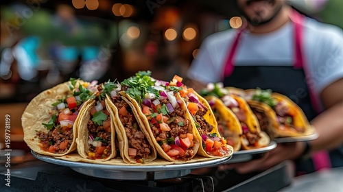 Hispanic cook proudly holding a plate of tacos at a vibrant and colorful food truck festival 