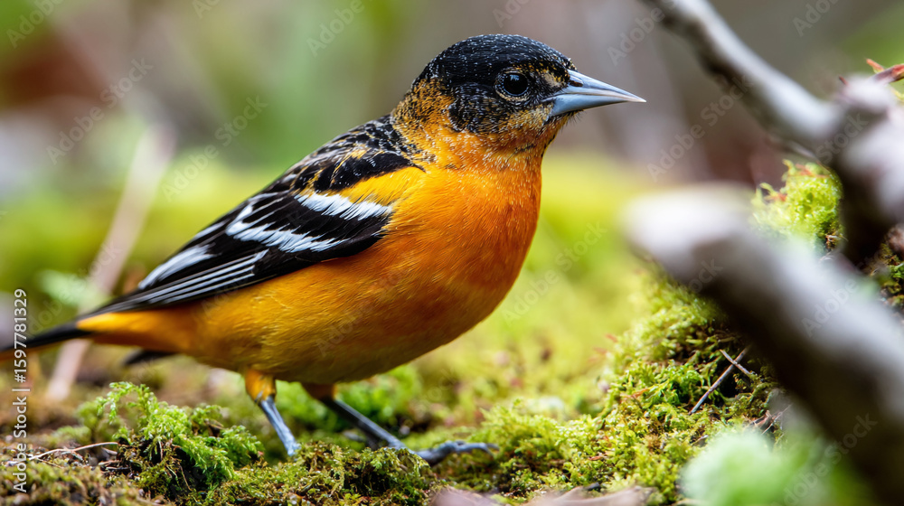 A close-up photograph of an oriole bird on mossy ground. The moss is green, and there are some branches in the background. A close-up photograph of an oriole bird on mossy ground. The moss is green, and there are some branches in the background.