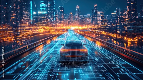 High-tech highway illustration with holographic blue lines, advanced safety features, digital automotive tech. 