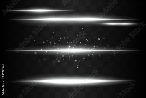 Shining set. Bright glowing beams combined with floating light particles. Central cluster highlights energy dispersion and soft motion on transparent background.