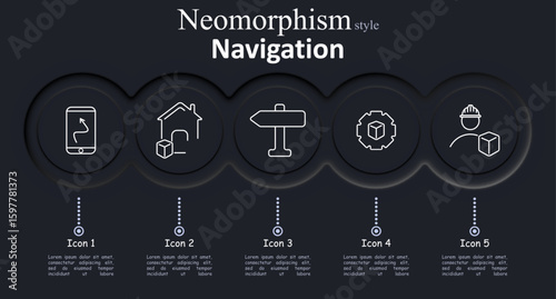 Navigation set icon. Smartphone with route, house with cube, direction sign, gear with cube, person with helmet and cube in neomorphism style with soft dark UI