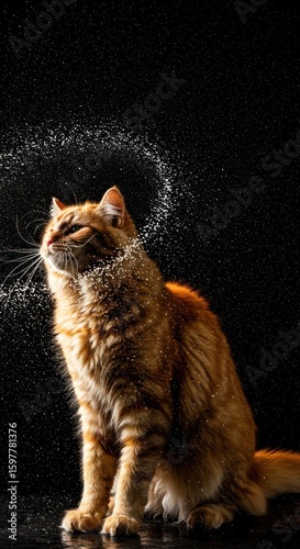 Ginger Cat Shaking Head Sprinkling Water Against Black Backdrop