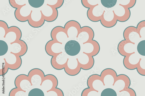 Repeating floral pattern with pink petals and teal centers seamless