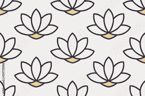 Seamless pattern of lotus flower outlines with gold accents floral