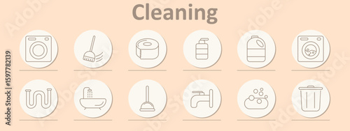 Cleaning set icon. Washing machines, soap, trash can, faucet, plunger, mop, tub, bubbles, and toilet paper outlined with thin lines in minimalist, functional design