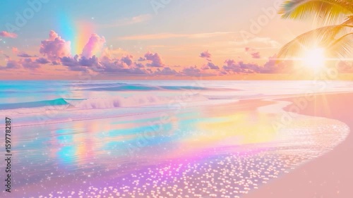 Iridescent Pastel Beach with Rainbow Light and Sun 