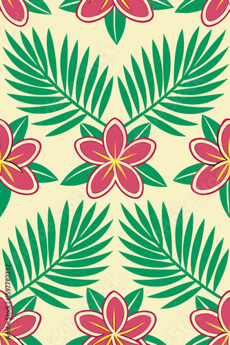 Tropical floral pattern with pink plumeria flowers and green palm leaves frangipani