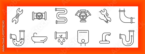 Plumbing set icon. Wrench, valve, joint, faucet, elbow pipe, bathtub, heater, dripping pipe, flow direction, and tools outlined in technical plumbing theme