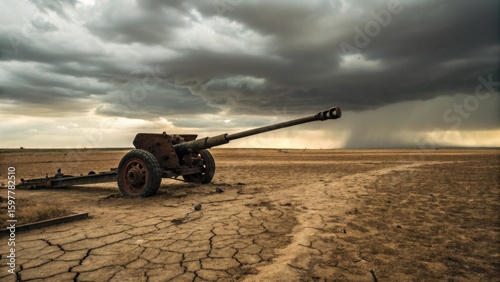 Abandoned Artillery on Dry Landscape Under Ominous Storm Clouds
