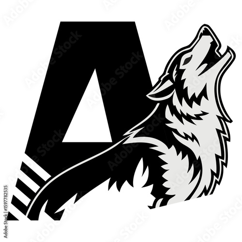 Stylized white wolf howling on black background