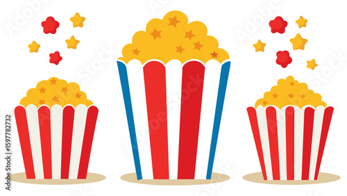 Three buckets of popcorn with red and white stripes and falling stars