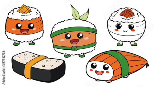 Cute kawaii sushi characters with happy faces