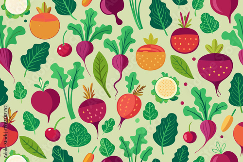 Colorful cartoon vegetables and leaves seamless pattern