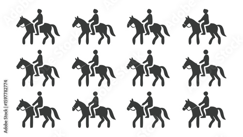 Silhouette Equestrian Icons An Array of Riders on Horses in Various Poses and Gaits Demonstrating Horsemanship and Equine Sports