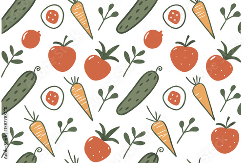 Whimsical hand drawn vegetable and fruit pattern