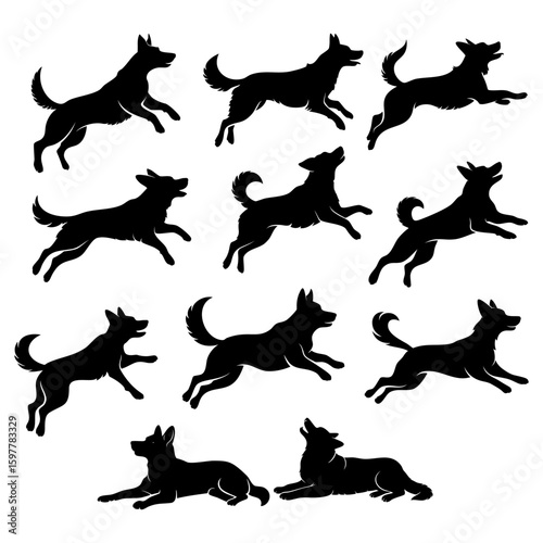Silhouette of a dog jumping and lying. Set of vector dog silhouettes. Vector illustration on a white background.