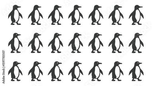 Numerous Minimalist Penguin Silhouettes Arranged in a Grid Pattern Creating a Playful and Engaging Visual Effect Against a White Backdrop