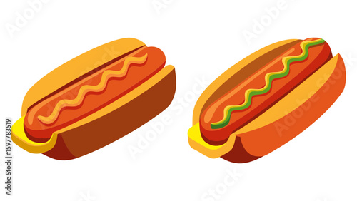 Two isometric hot dogs with condiments on a black background